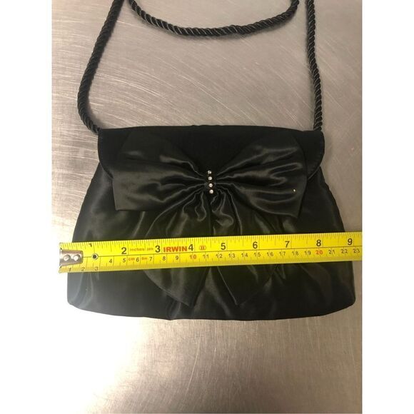 Emeraude Women’s Small Black Shoulder Evening Formal Bag with Bow and Rhinestone - Picture 2 of 8